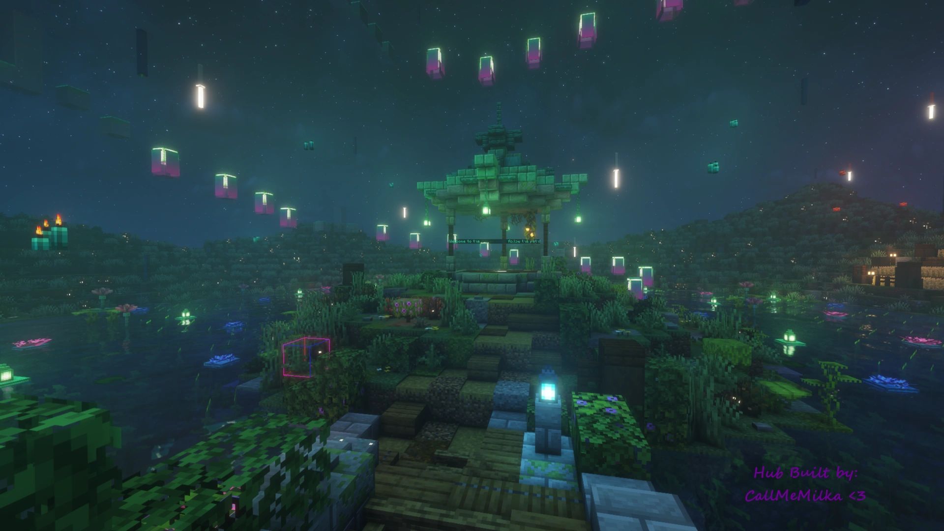 Nighttime Minecraft scene with glowing lanterns and a central gazebo.