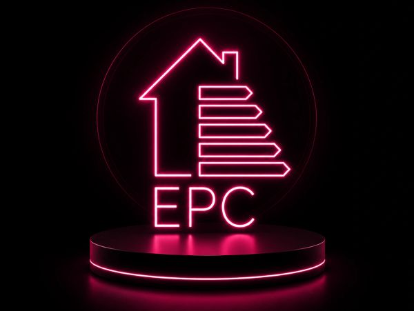 Neon pink EPC house energy rating icon.