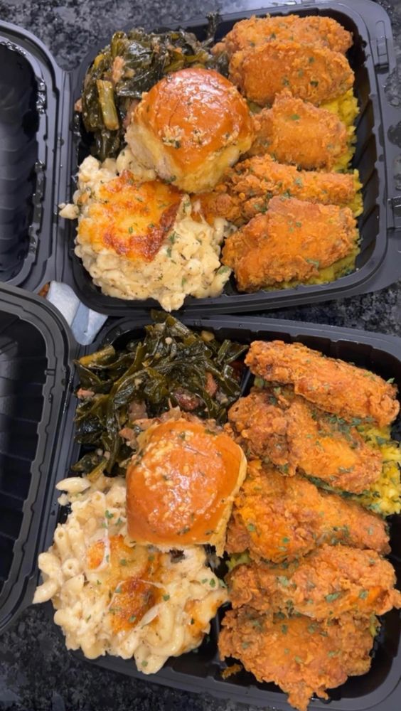Fried Chicken Platters: Fried Chicken, Collard Greens, Garlic Butter Rolls, Yellow Rice & Mac.