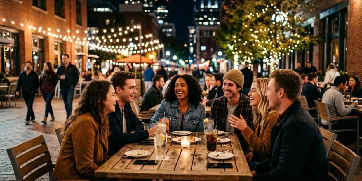 Friends enjoying a lively outdoor dinner at night with string lights.
