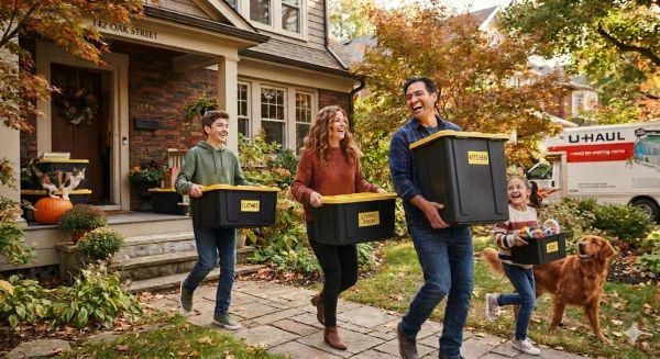 Family happily moving into a new home in autumn.