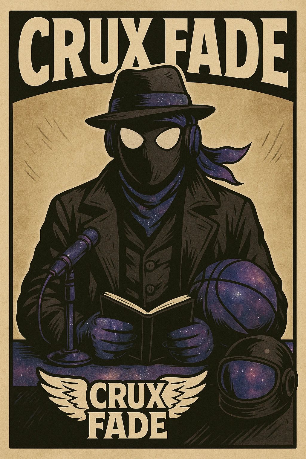 Mystery figure reading with cosmic elements like basketball and helmet.