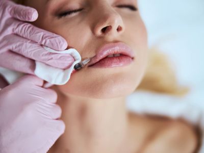 Woman receiving a cosmetic lip tattoo.