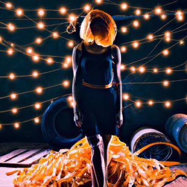 Person with lights and ribbons in dark setting.