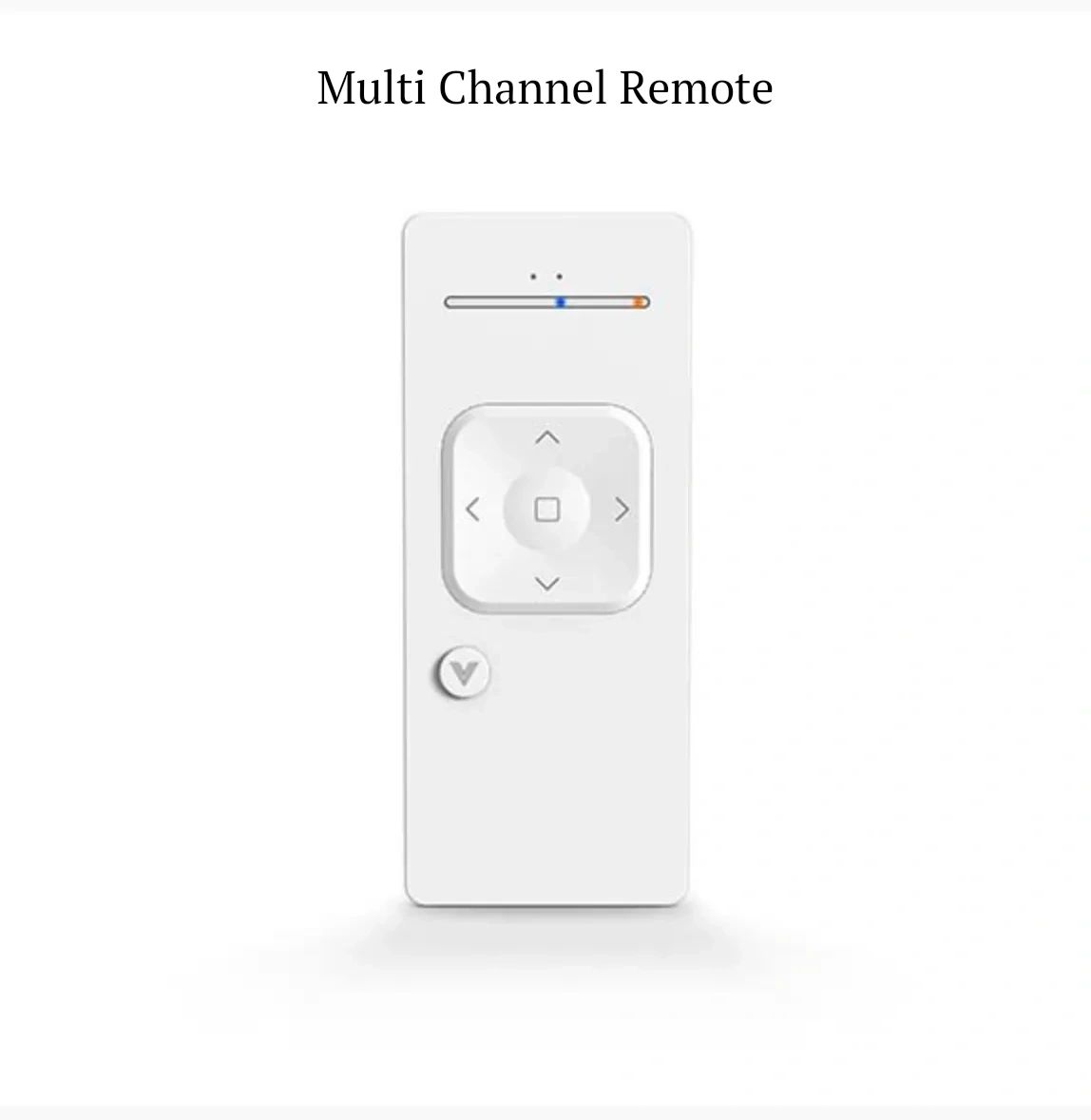 White multi-channel remote with directional buttons and a volume slider.