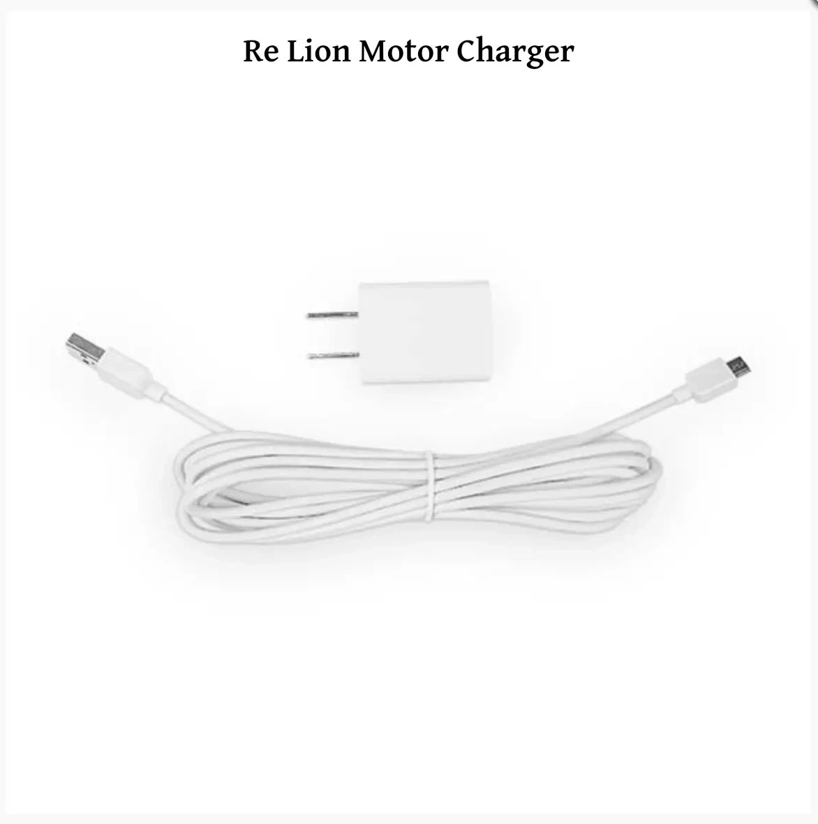 White Re Lion Motor charger with USB cable on a white background.