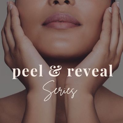 Close-up of a woman's face with hands framing it and text 'peel & reveal Series'.