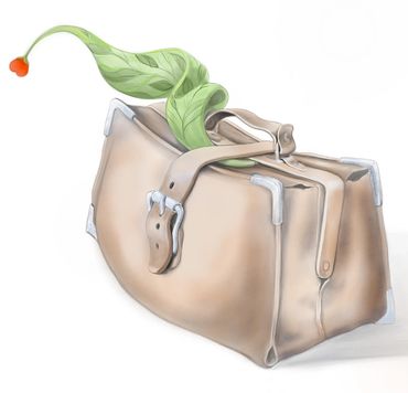 Illustration numérique d'une petite valise qui laisse échapper un foulard vert portant un petit coeu