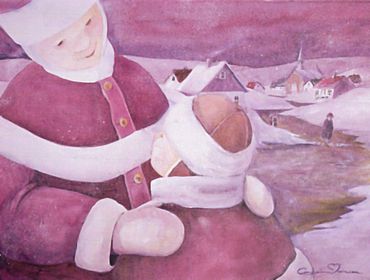 Une mère et sa fille dans un paysage aux teintes rosées.