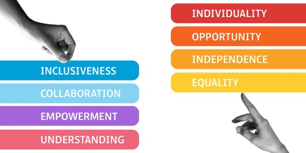 A hand holding coloured lozenges with words & another hand pointing at coloured lozenges with words