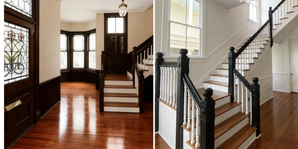 Two indoor staircase areas with wooden floors and elegant railings.