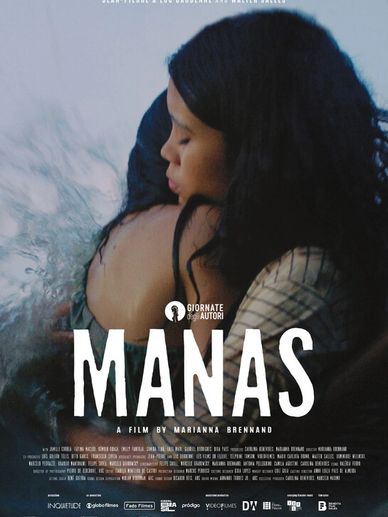 Two women embracing tenderly against a blurred watery background in the film poster for 'Mañas'.
