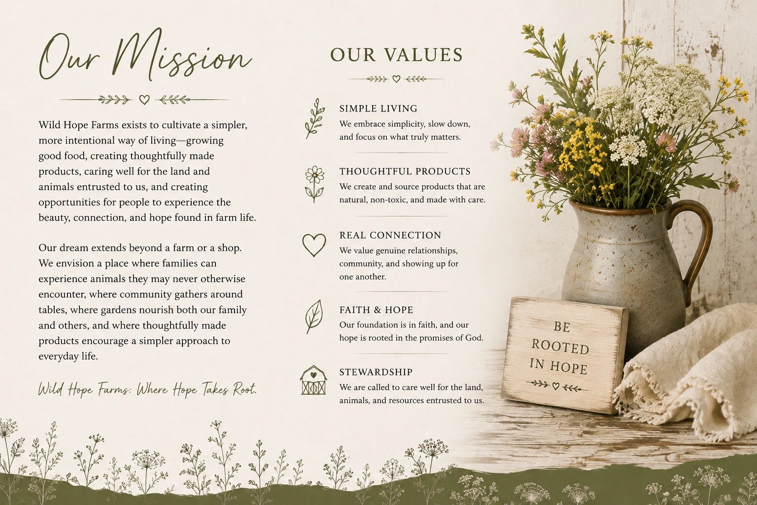 Farm mission and values with flowers in a rustic jug.