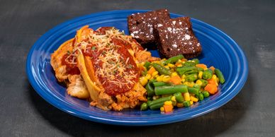 Lasagna with vegetable and dessert