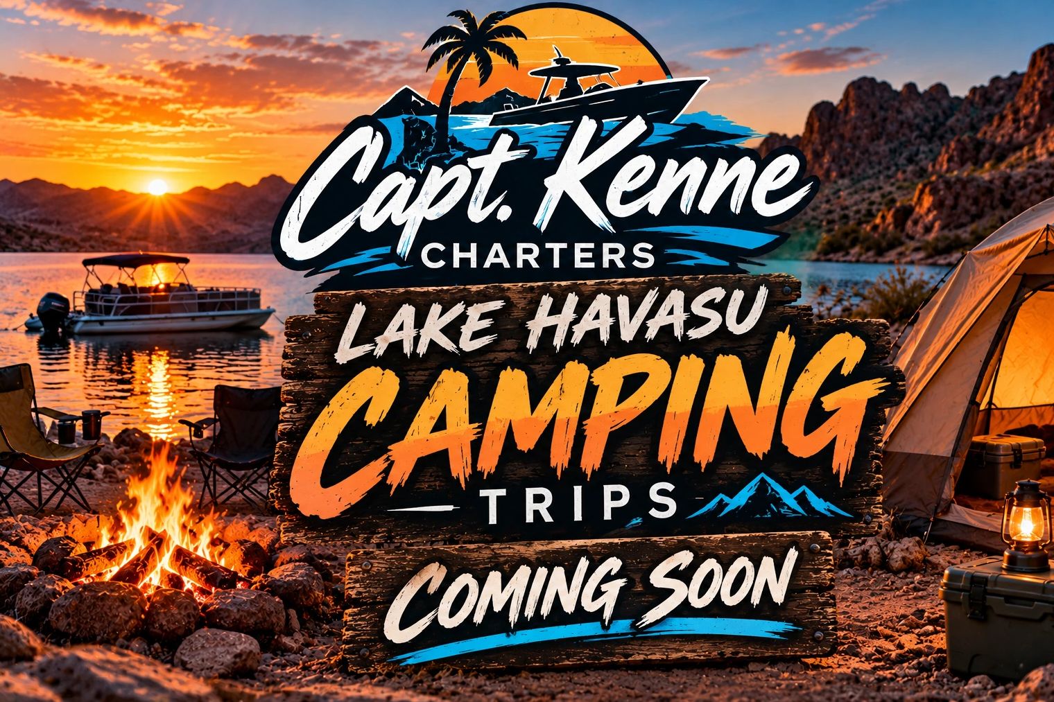 Camping trip advertisement at Lake Havasu with sunset and campfire.