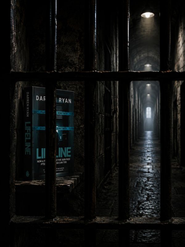 Book titled Lifeline by Darren Ryan behind prison bars in a dark corridor.
