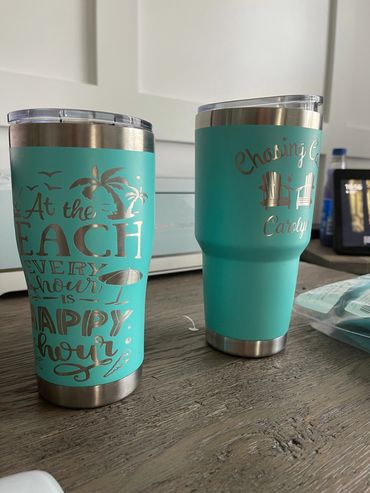 Custom tumbler cup laser engraving.