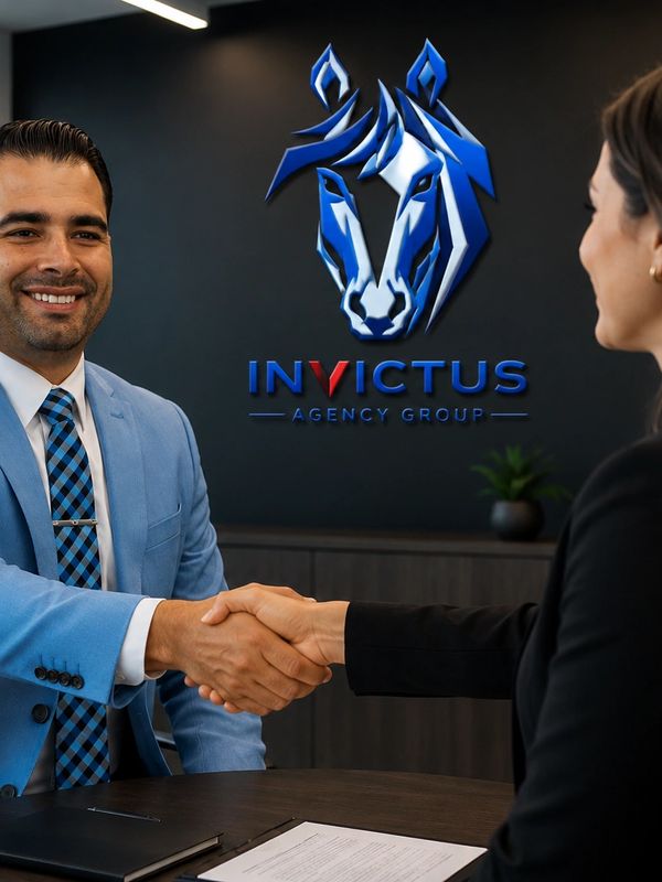 Two professionals shaking hands in an office with Invictus Agency Group logo.