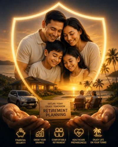 Family protected by shield symbolizing retirement planning and security.