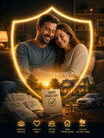 Couple feeling secure with debt paid off and financial freedom.