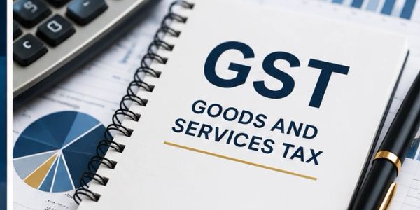 Notebook titled GST with pen and calculator.