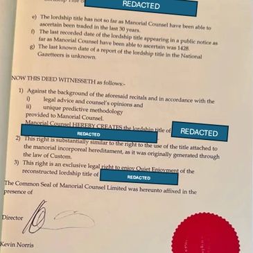 Close-up of a legal document with redaction and a red seal.