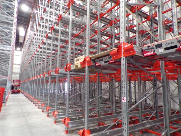 Industrial high-density shelving racks.