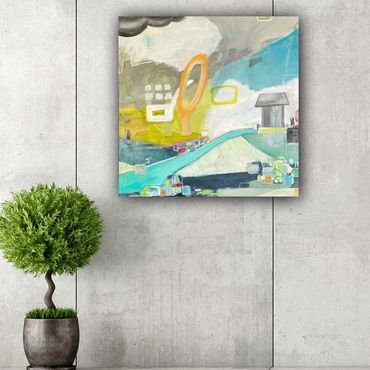 Another view of THAT ASHEVILLE VIBE. Acrylic mixed media 36x36", 1 1/2" deep gallery wrap stretched