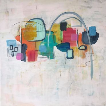 --SOLD-- BENDING TO BLISS is acrylic mixed media on 30X30", 1 1/2" deep gallery-wrap canvas