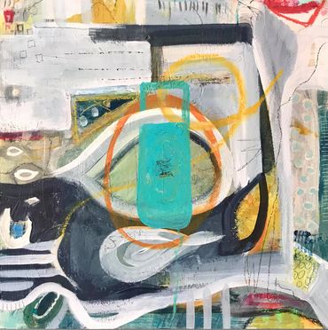 RELEASE is acrylic mixed media on 16x16", 7/8" deep cradled wood panel.