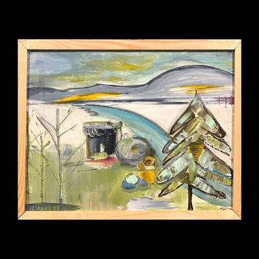 RIVER'S EDGE is acrylic mixed media on
11X14” stretched canvas in floater frame.