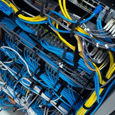 Organized network cables in a data center rack.