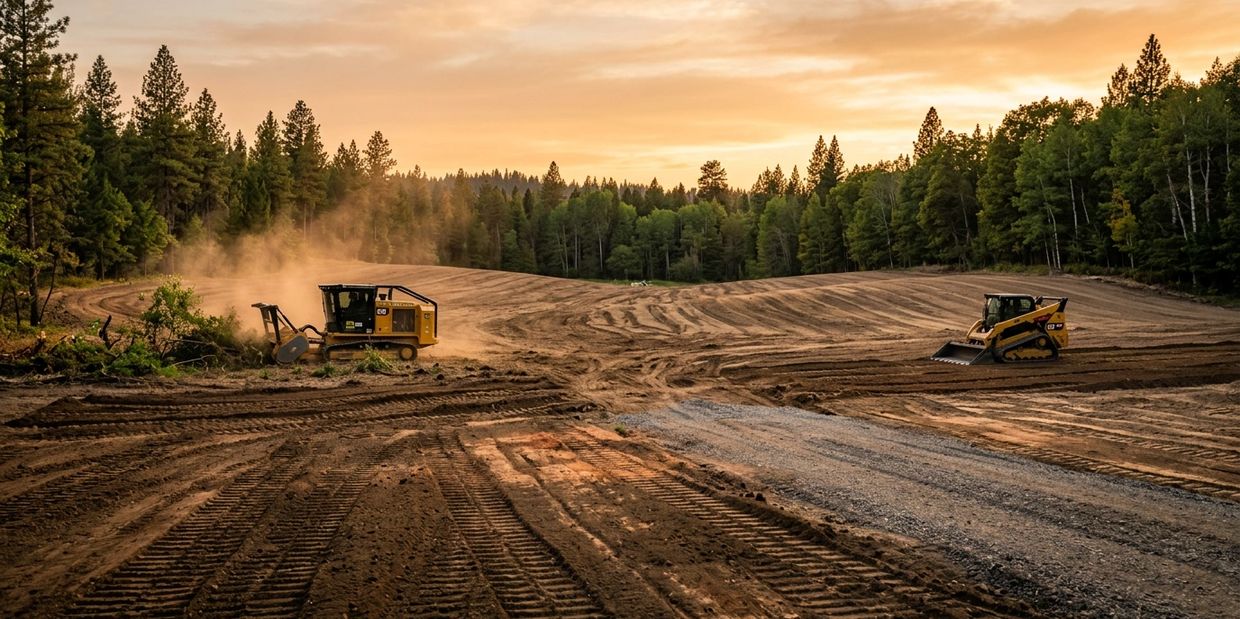 Two bulldozers performing land clearing and grading on a property in Oklahoma near Oklahoma City
