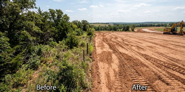 Comparison of a dense green area before and cleared land after construction work.