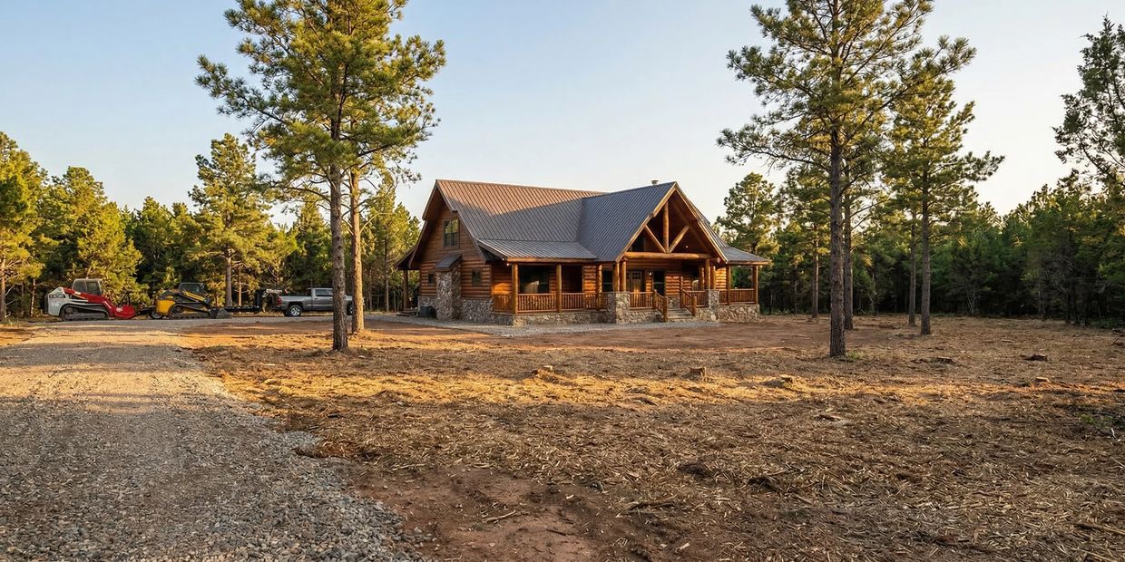 House with professionally cleared defensible space and fire mitigation landscaping to reduce wildfire risk around the property