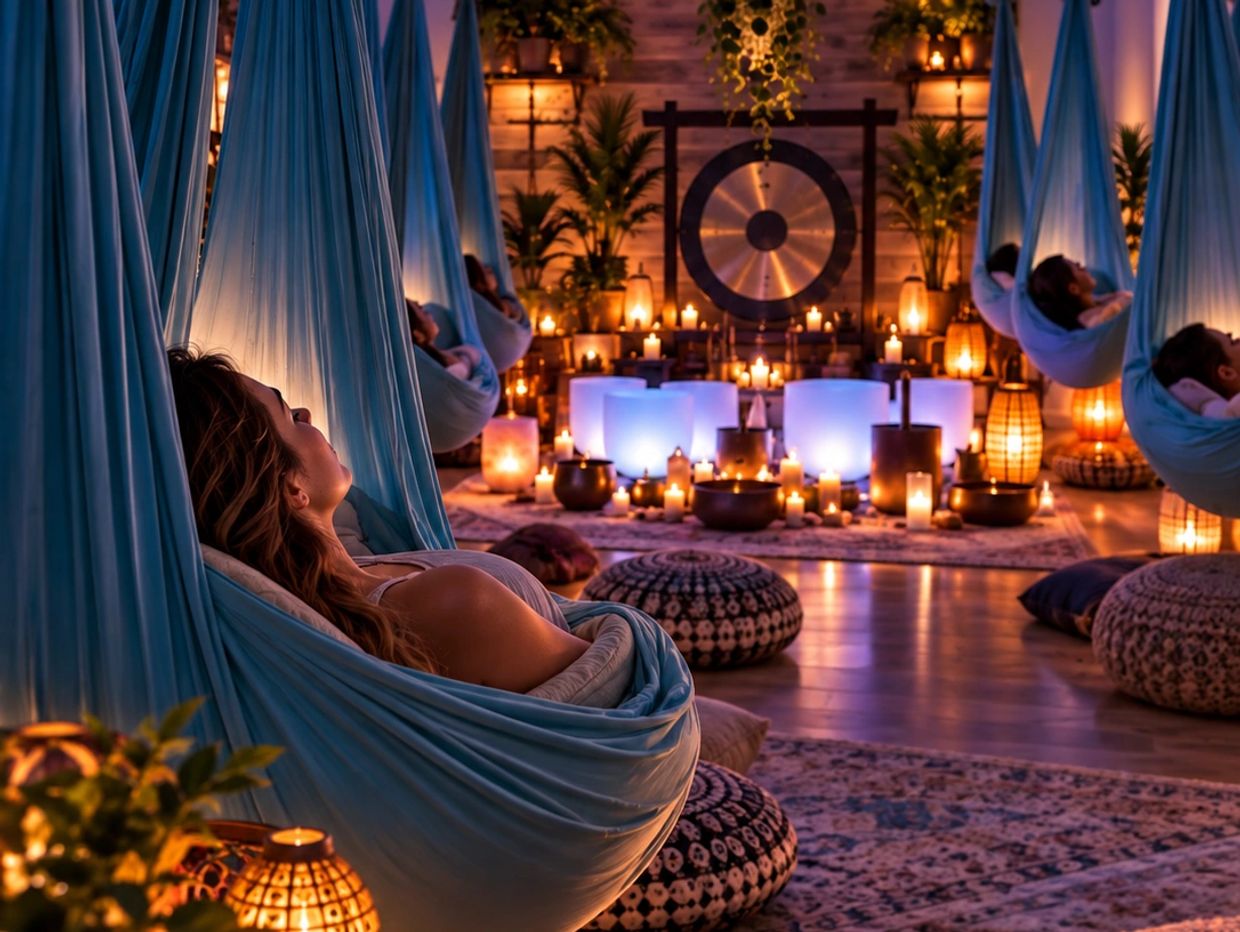 People relaxing in hammocks in a candlelit, serene room with moon decor.