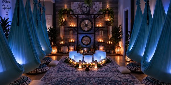 Serene meditation room with hanging hammocks and ambient blue lighting.