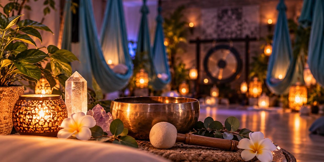 Relaxing yoga and meditation space with candles and crystals.
