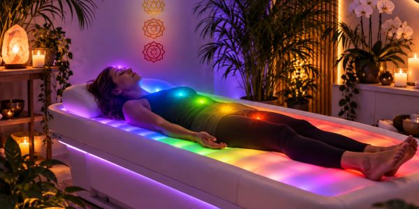 Person receiving chakra balancing in a serene space.