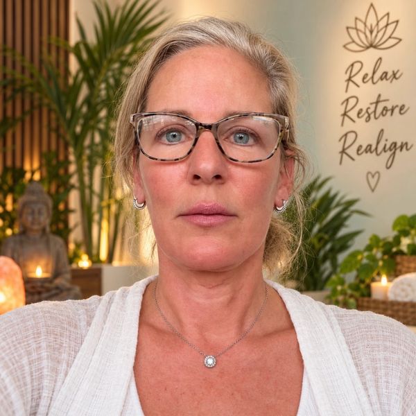 Middle-aged woman with glasses in a serene wellness setting.