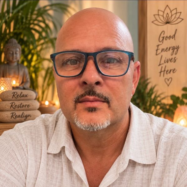 Man with glasses and goatee in a calming, zen-like room.