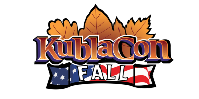 KublaCon Fall logo with autumn leaves and flag banner.