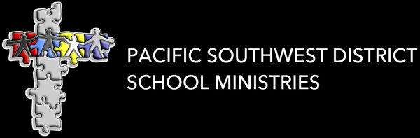 Cross-shaped puzzle with colorful figures and text for Pacific Southwest District School Ministries.