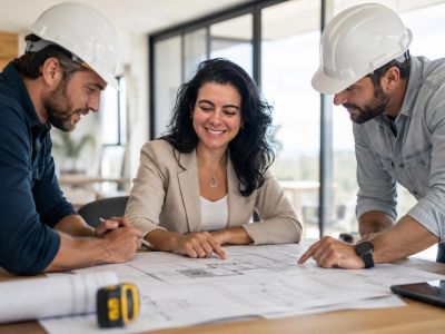 Three architects discussing blueprints.