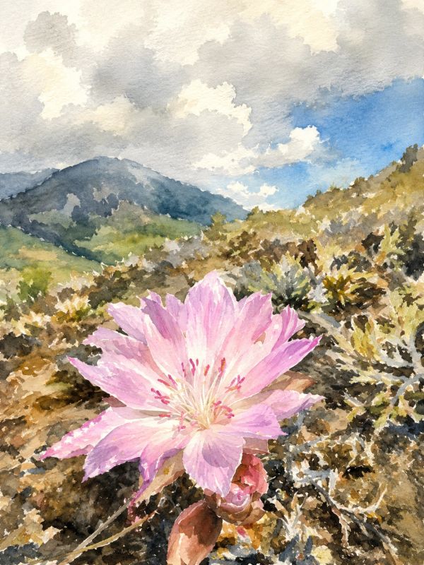 A bitterroot flower in a mountainous Montana landscape under a cloudy sky.