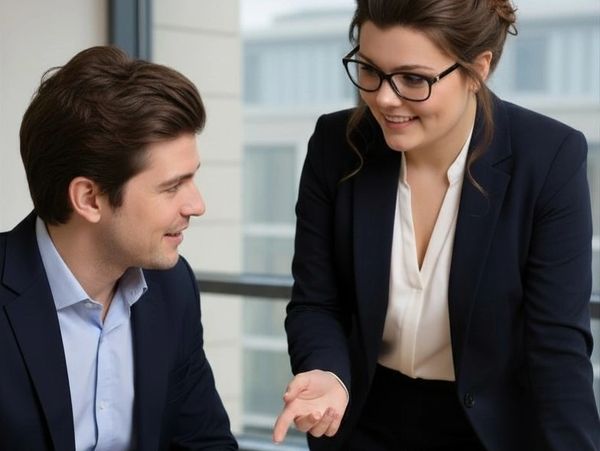 Two professionals engaged in a conversation at work.