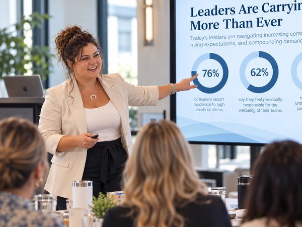 Woman presenting workplace stress statistics to colleagues.