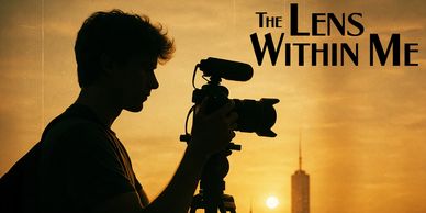 Concept art for "The Lens Within Me," showing a teenage boy filming with a DSLR camera in NYC.