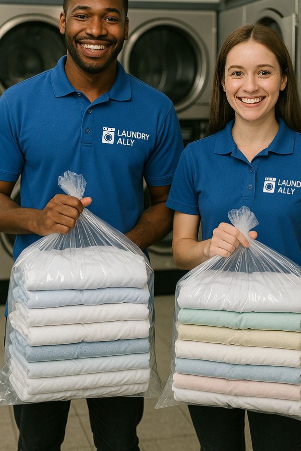 Two laundry workers proudly hold bags of neatly folded clothes in a laundromat.