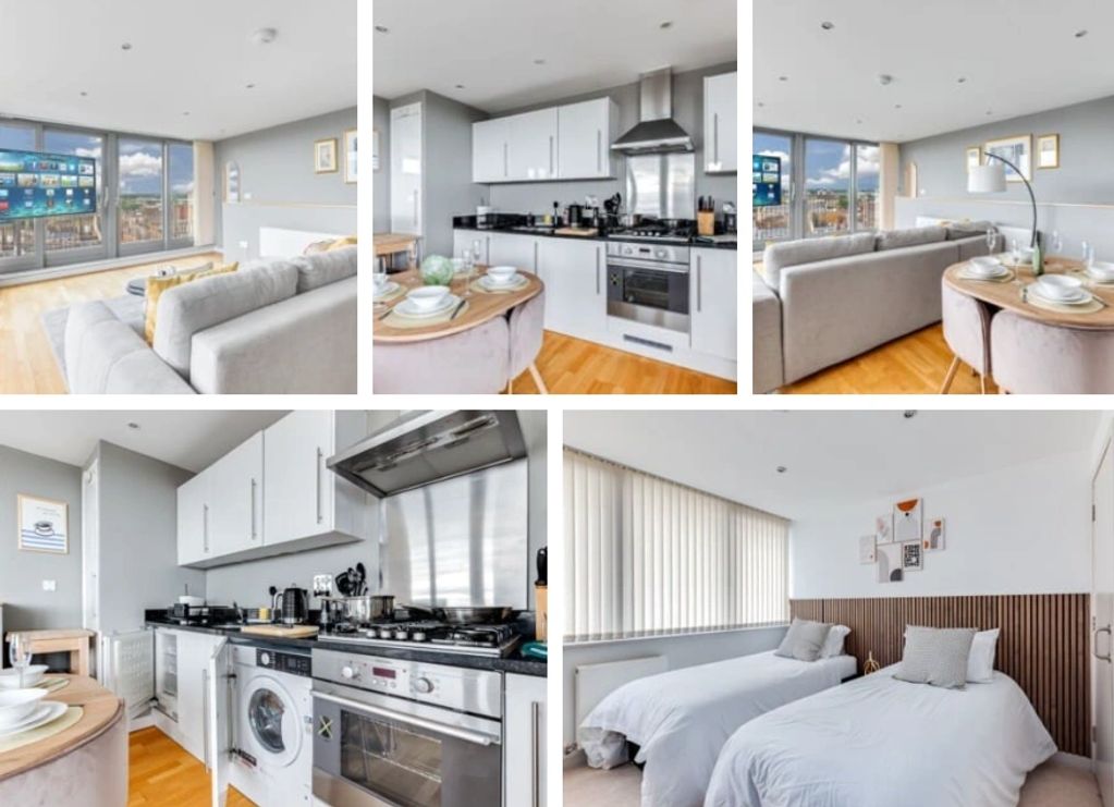 Modern apartment with living room, kitchen, and bedroom.